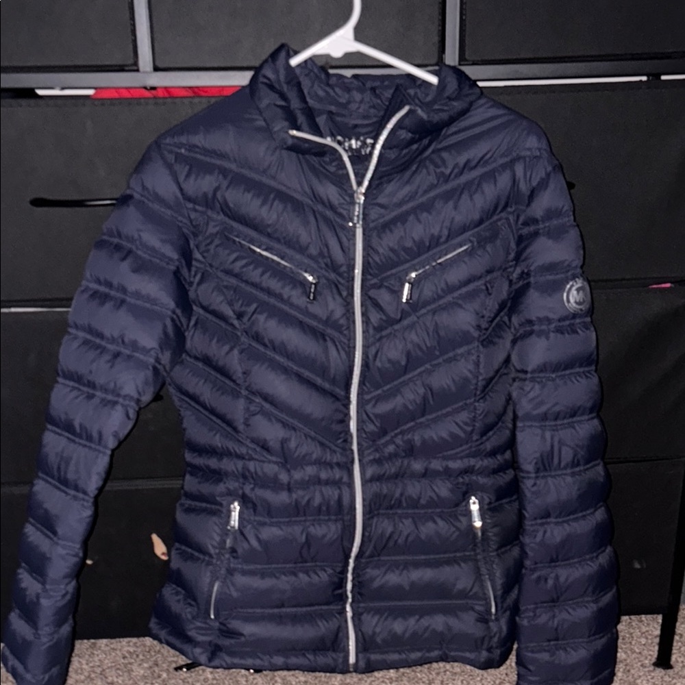 Michael Kors Blue Puffer Jacket Chevron Quilted